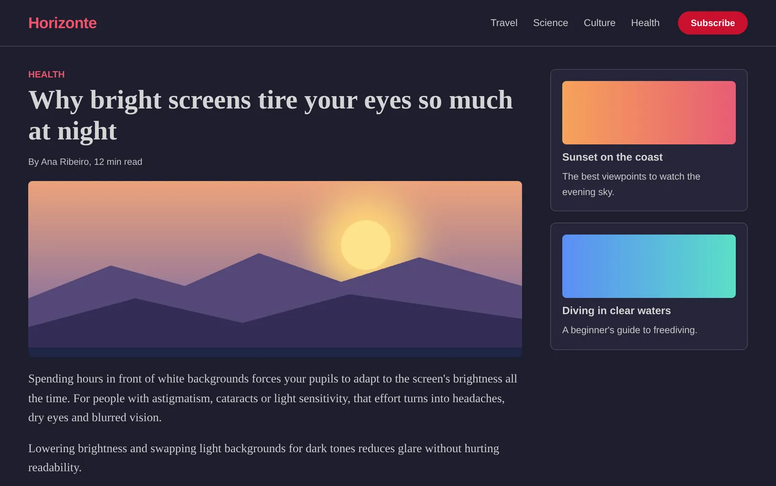 The same page with Vision Comfort dark mode, with the photo in its real colors