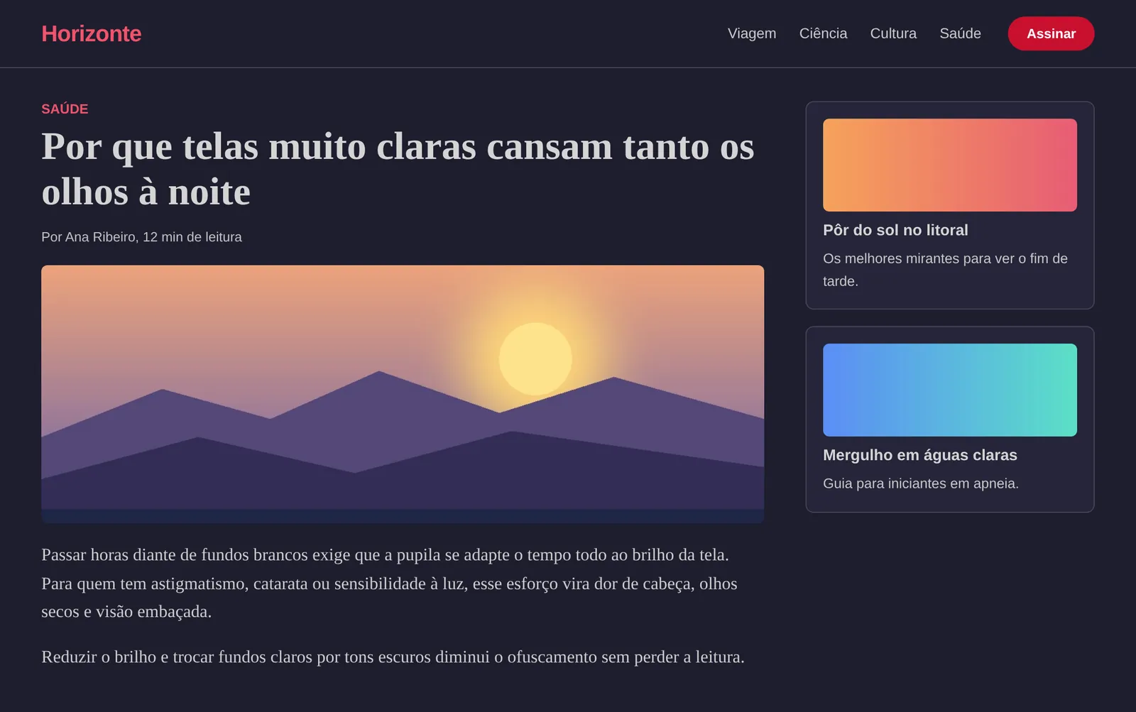 A mesma página com o modo escuro da Vision Comfort, com a foto nas cores reais