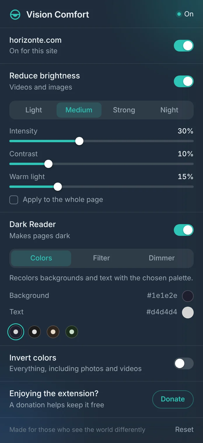 Vision Comfort extension window with brightness and dark mode controls