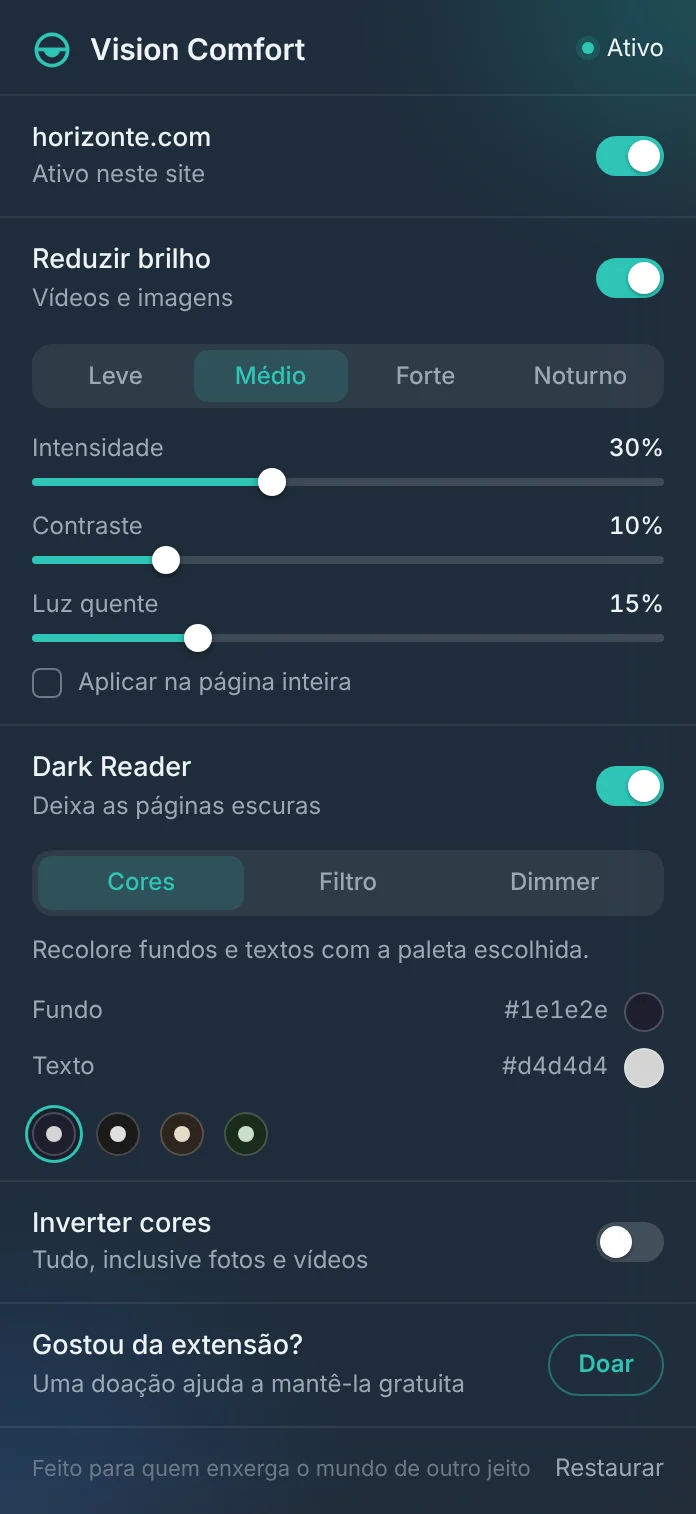 Janela da extensão Vision Comfort com os controles de brilho e modo escuro